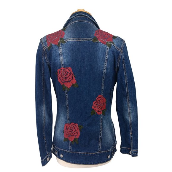 LuLaRoe JAXON Jean Denim Jacket Embroidered Red Roses Womens Size xs - Picture 8 of 8